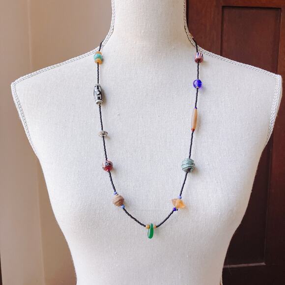 Vintage Artisan Beaded Necklace Mixed Glass Wood Ceramic Boho Trade Bead Jewelry - Picture 2 of 16